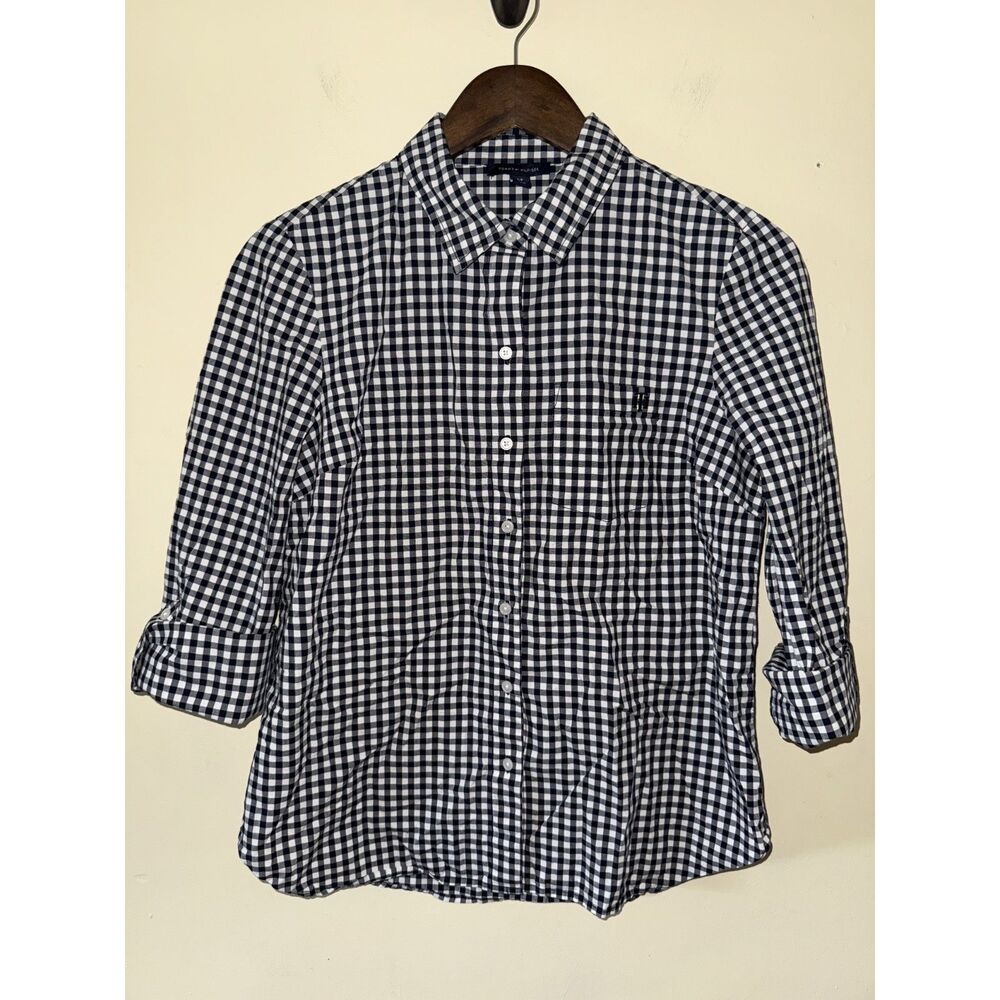 Tommy Hilfiger Gingham Roll Tab Button Down Shirt Small Black White Cotton Prep